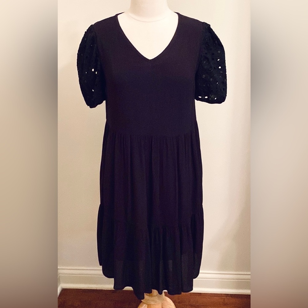 Ava James Black Eyelet SZ S Cottagecore Puff Sleeves Boho Romantic Peasant Dress
